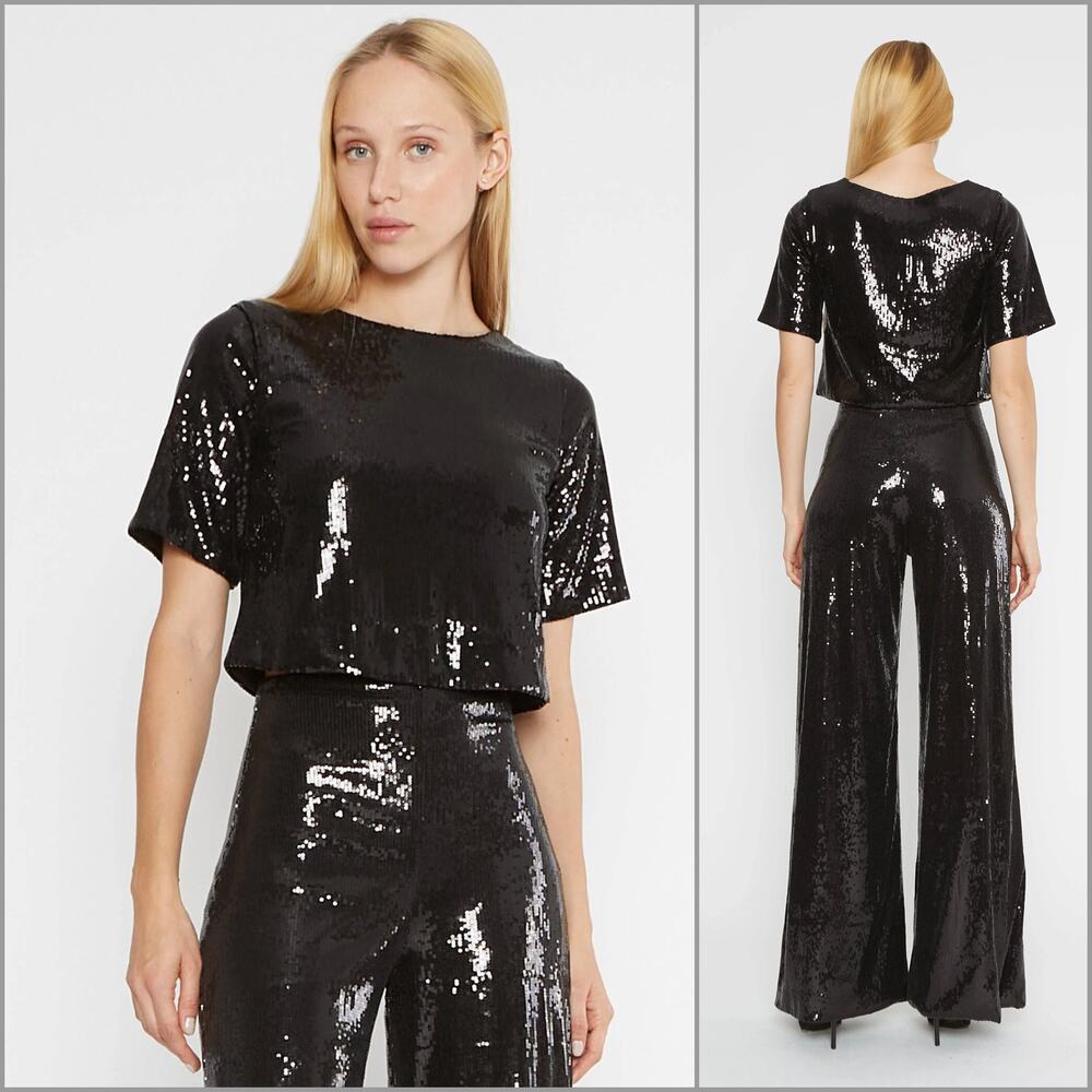 Black Sequin Crop Top - Women's Elegant Party Blouse